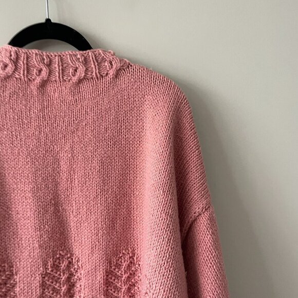 Handmade Knit Cable Knit Oversized Casual Pullover Crew Neck Sweater Pink XL - Picture 4 of 7
